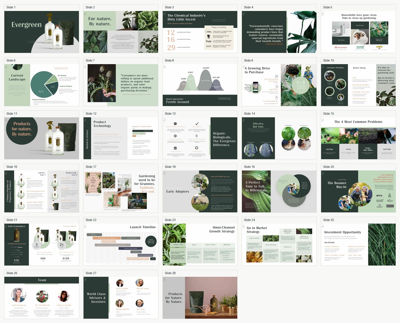 Contact sheet preview of the 28-page Evergreen deck
